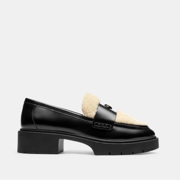 NEW Coach Leah Loafer Black Leather Loafers white sherpa Size. 6.5 - Picture 2 of 8